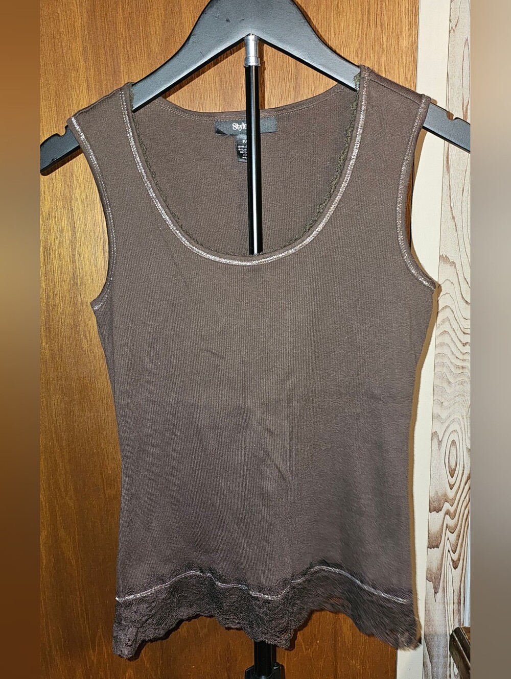 Style & Co. Brown Sleeveless Tank Top with Lace Hem Silver Stitching Petite SP
